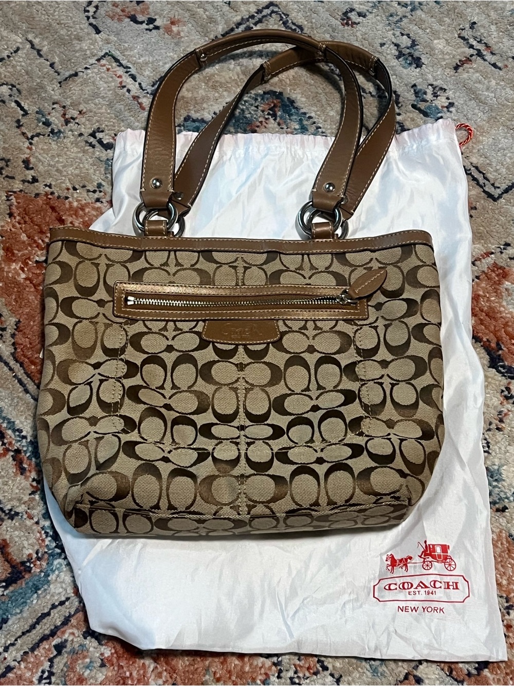 Coach Brown Signature Canvas Shoulder Bag with Leather Trim